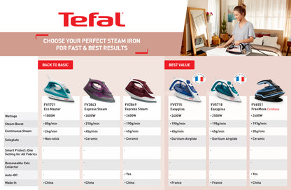 Tefal Durilium Airglide Technology Easygliss Steam Iron 270ml 2400W FV5715  190g Steam Boost, Easy Maintenance, Durable, Versatile, Fastest Glide
