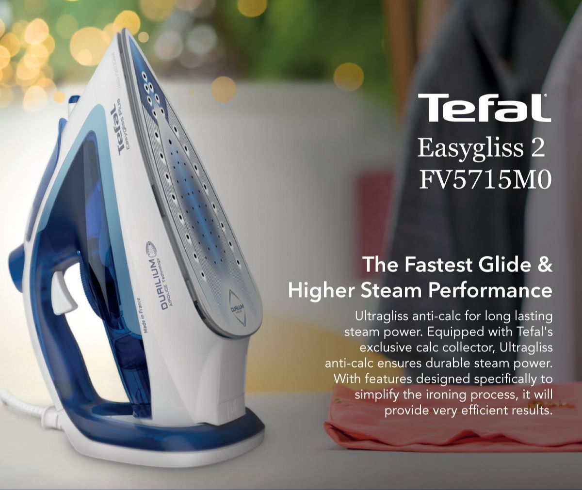 Tefal Durilium Airglide Technology Easygliss Steam Iron 270ml 2400W FV5715  190g Steam Boost, Easy Maintenance, Durable, Versatile, Fastest Glide