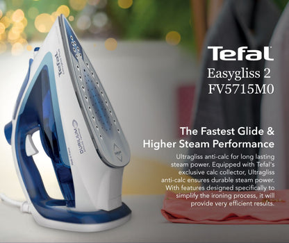 Tefal Durilium Airglide Technology Easygliss Steam Iron 270ml 2400W FV5715  190g Steam Boost, Easy Maintenance, Durable, Versatile, Fastest Glide