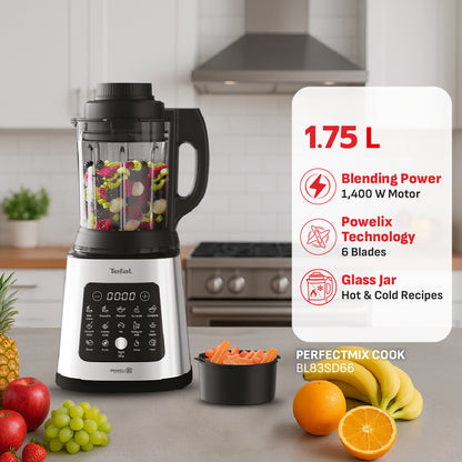 Tefal Perfectmix Cook Heating High Speed Blender with Steam Basket ,1.75L 1400W Heating Thermo resistant glass jar 25K RPM, 10 automatic programs (6 hot + 4 Cold), BL83SD