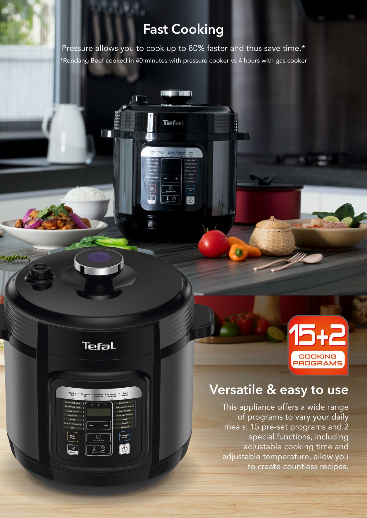 Tefal Home Chef Smart Electric Pressure Cooker 6L CY601  Multicooker, 15 programmes, 12 cups, steam, slow cook, bake, sous vide, sauce thickening