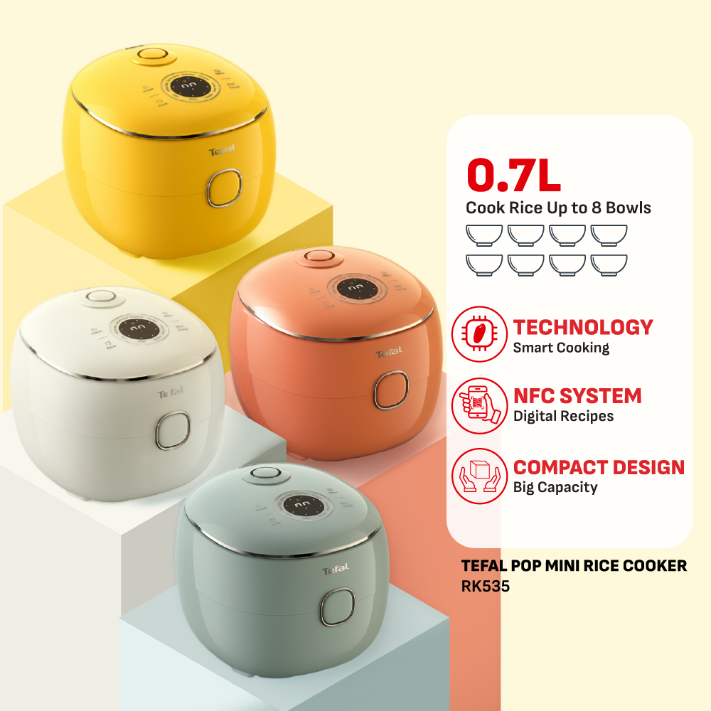 (NEW) Tefal POP 0.7L Rice Cooker RK535 - Small and Compact, Fuzzy Logic, 8 Programs, NFC Recipes, Removable Inner Lid
