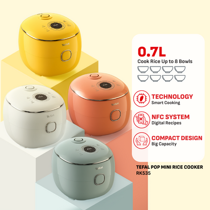 (NEW) Tefal POP 0.7L Rice Cooker RK535 - Small and Compact, Fuzzy Logic, 8 Programs, NFC Recipes, Removable Inner Lid