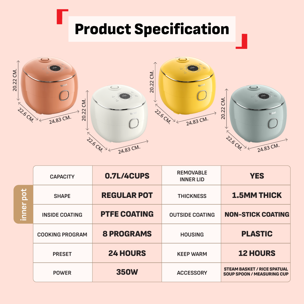 (NEW) Tefal POP 0.7L Rice Cooker RK535 - Small and Compact, Fuzzy Logic, 8 Programs, NFC Recipes, Removable Inner Lid