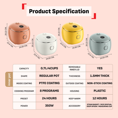 (NEW) Tefal POP 0.7L Rice Cooker RK535 - Small and Compact, Fuzzy Logic, 8 Programs, NFC Recipes, Removable Inner Lid
