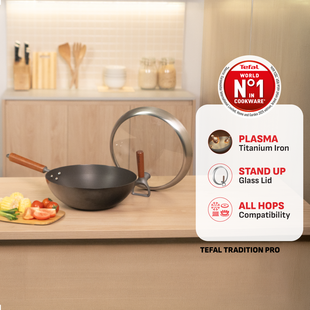 Tefal Tradition Pro Induction Wok Pan 30cm with Standing Lid  G62184 - Iron, Aluminium, Rust Free, Metal Utensil Scratch