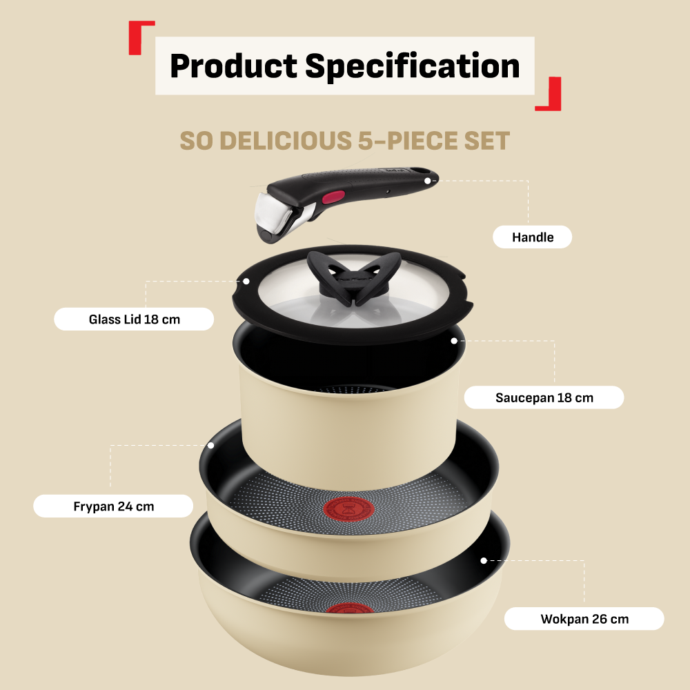 Tefal Ingenio So Delicious Cookware Set - 4pc/5pc, Saucepan w/lid, Frypan 24cm, Wokpan 26cm, Handle