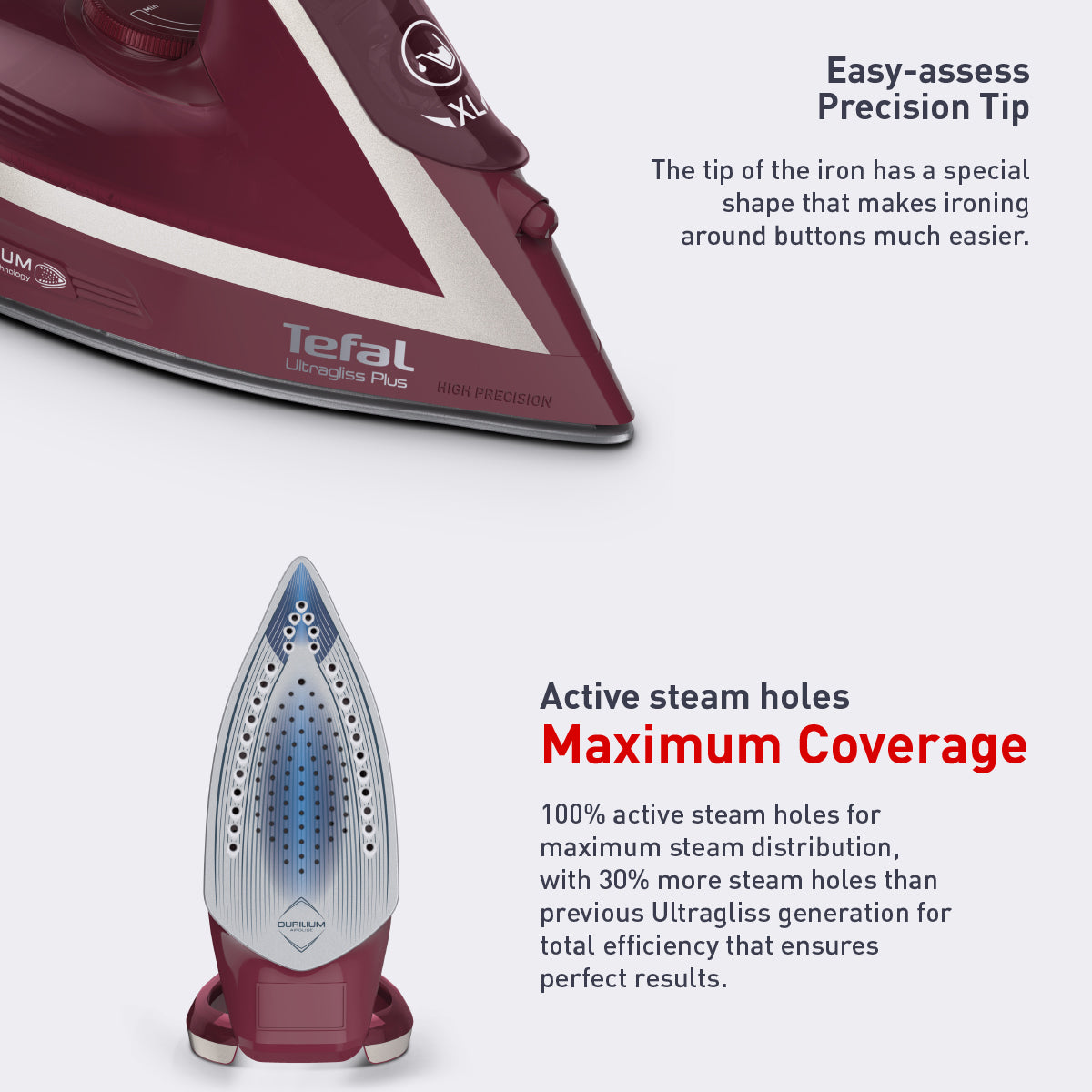 Tefal Steam Iron Ultragliss Plus 2800W (Red) FV6820  260g Steam Boost, Powerful, Maximum Steam Distribution, Safe, Versatile