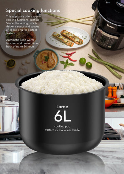 Tefal Home Chef Smart Electric Pressure Cooker 6L CY601  Multicooker, 15 programmes, 12 cups, steam, slow cook, bake, sous vide, sauce thickening