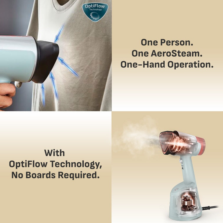 (NEW) Tefal Aerosteam Handheld Garment Steamer DT9814 – OptiFlow Suction Technology, 1400W, 20g/min Steam, 100ml Water Tank, Safe for All Fabrics